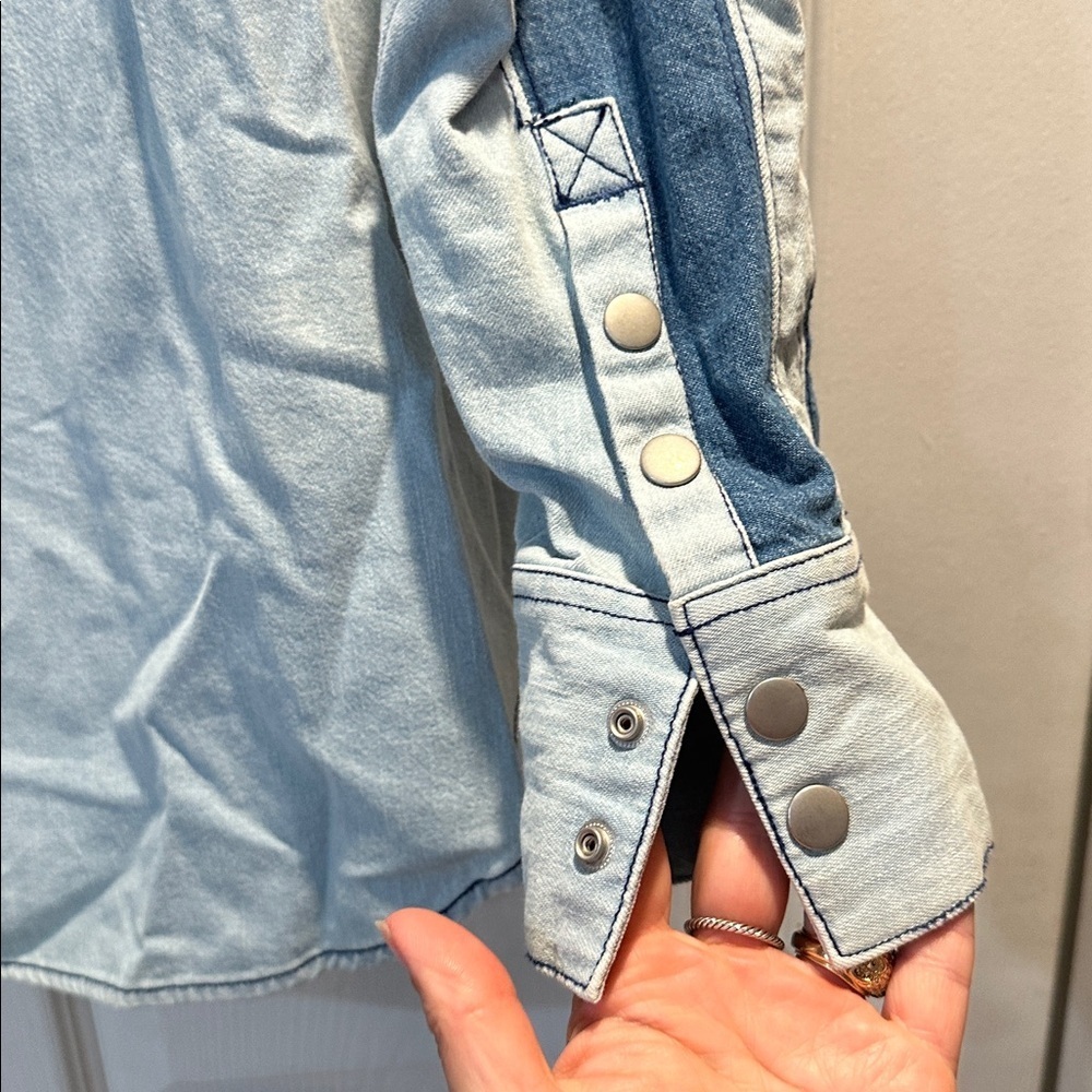 NEW! Free People We The Free Moto Denim Patchwork Colorblock Shirt XS Shacket - Picture 10 of 11